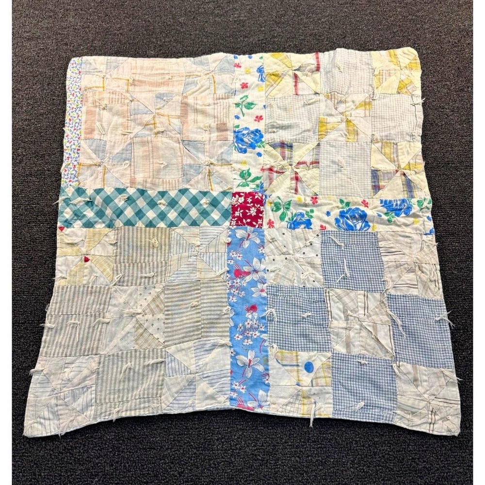 Handmade Old Patchwork Crib Quilt Cotton Blue White Floral Multicolor 22x24
